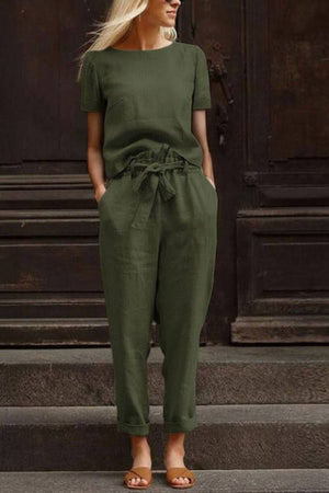 Women's relaxed cotton linen set in olive green with short-sleeve top and drawstring pants
