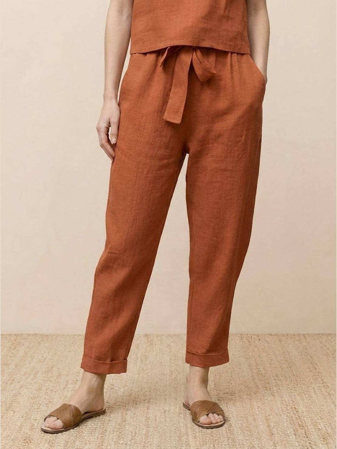 Cotton linen monochrome straight-leg pants with adjustable waist and natural texture