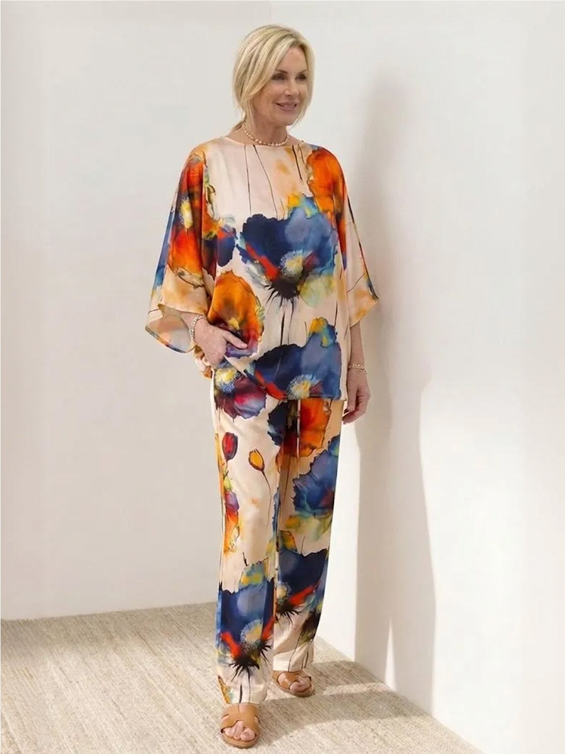 plus size vibrant floral matching set with soft breathable fabric and elastic waistband