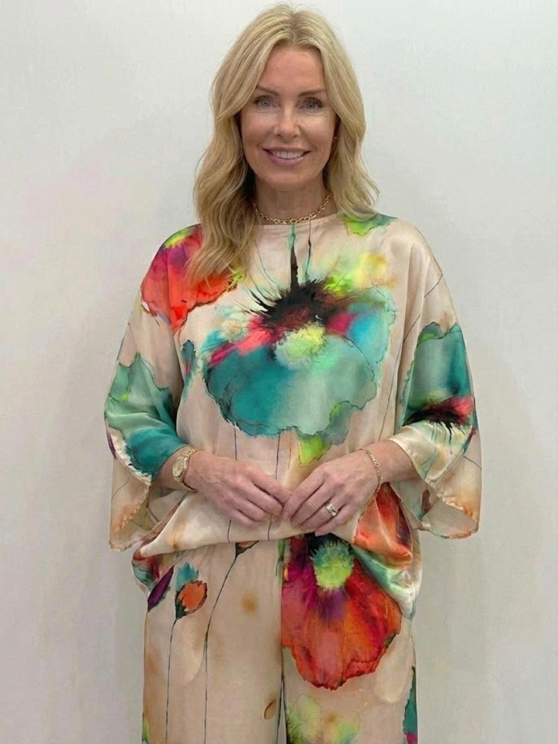 Plus size vibrant floral matching set with flowy silhouette and breathable fabric