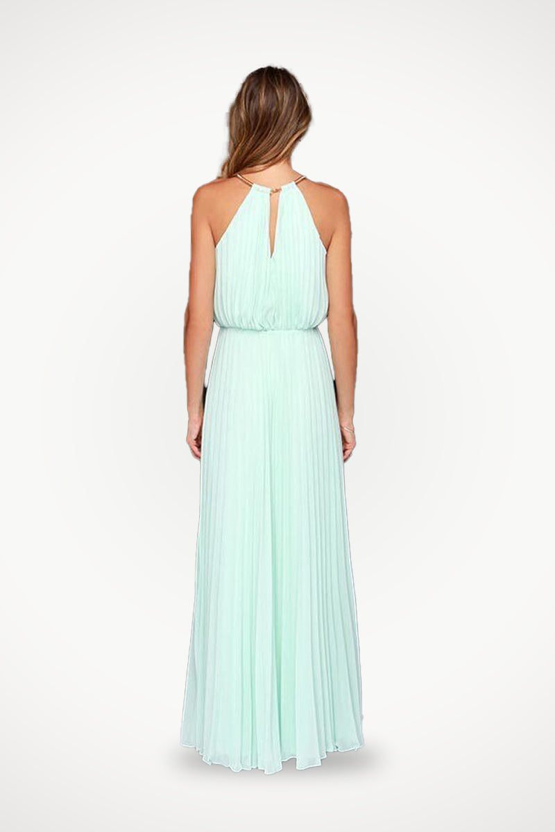 Back view of a woman wearing a light blue sleeveless belted maxi pleated dress