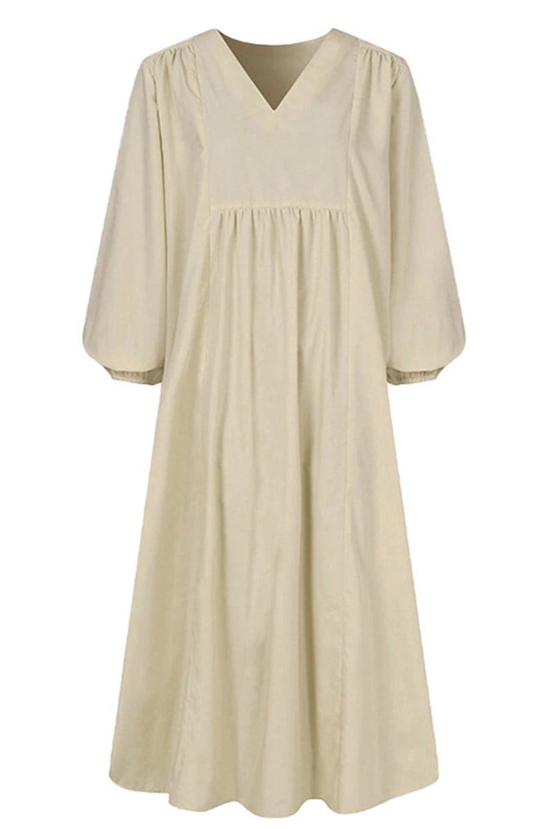 Beige midi long sleeve spring dress with V neckline and loose fit for comfortable, stylish wear