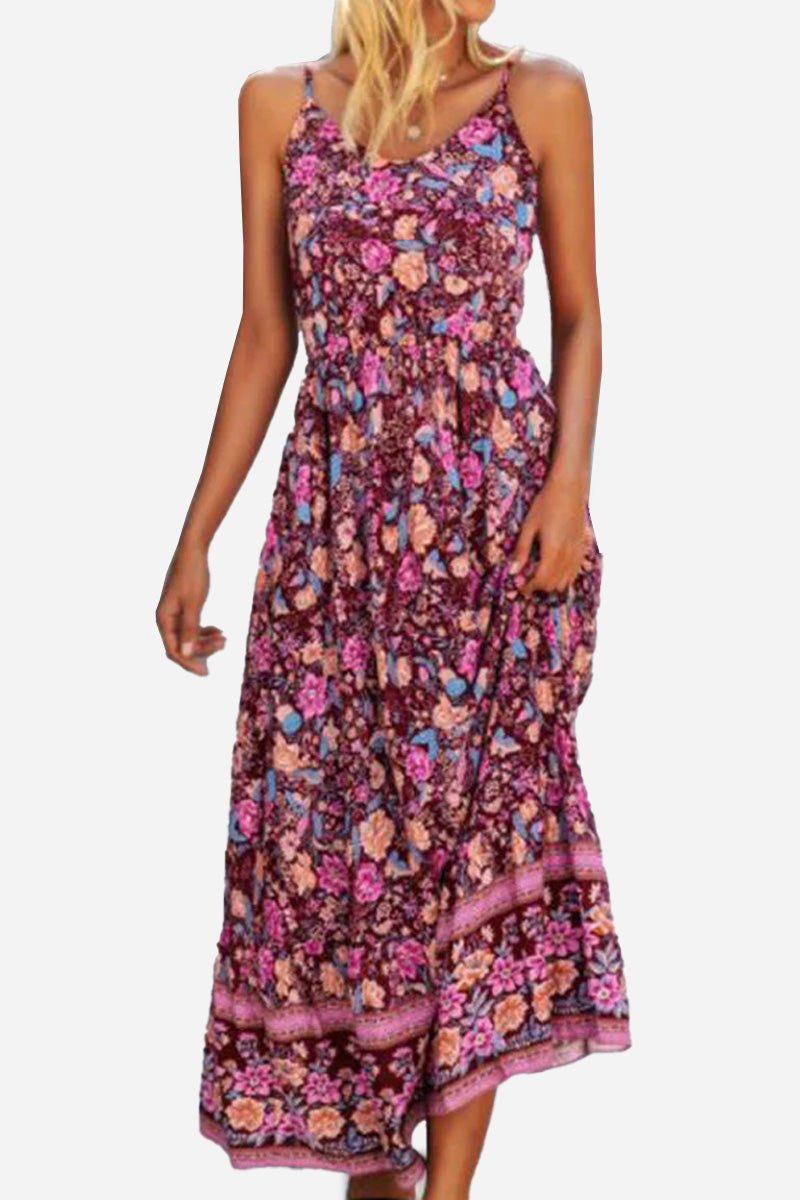 Sleeveless vintage flower prints maxi dress with elastic waist and V-neck design