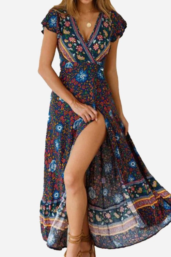 Bohemian floral print wrap dress with V-neck and high slit in blue floral cotton fabric