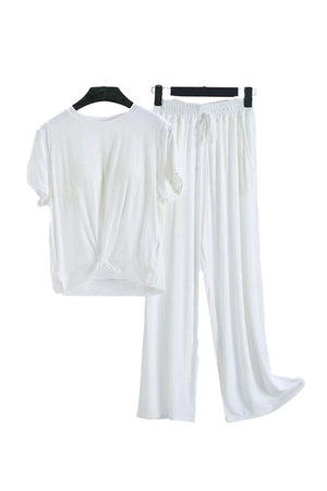 White bamboo fiber pajama clothes with short sleeve top and elastic waist pants for comfortable eco-friendly wear