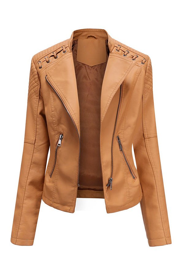Slim fit leather motorcycle jacket in tan with zipper pockets and detailed stitching