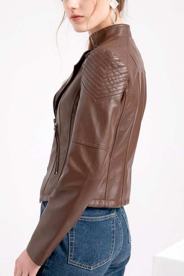 Slim fit brown leather motorcycle jacket with quilted shoulder detail and side zipper closure