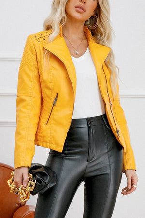 yellow slim fit leather motorcycle jacket for women with zippered pockets and stylish collar detail