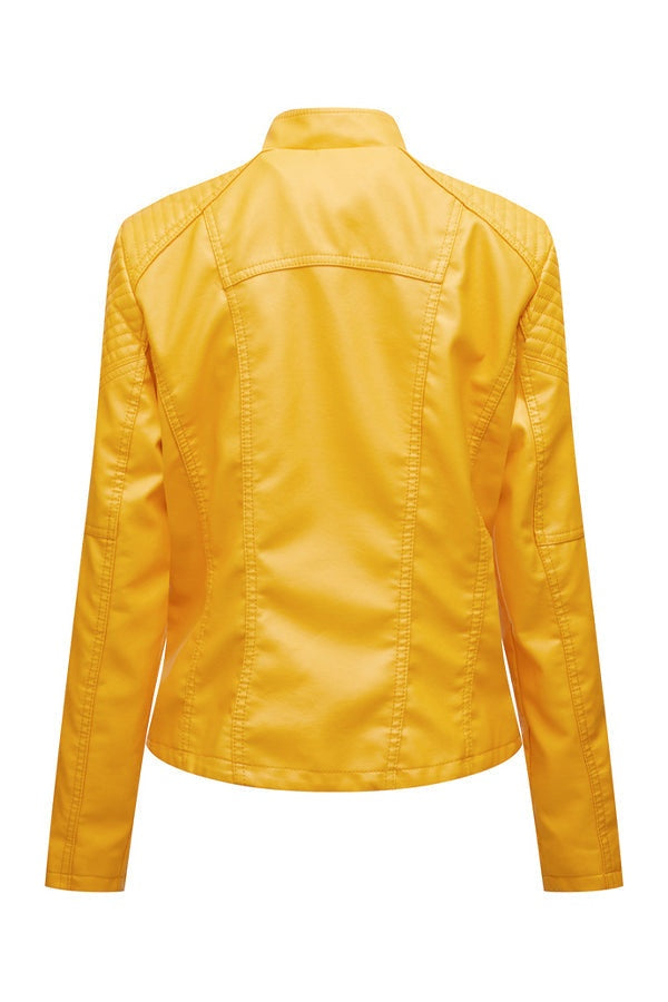 Slim fit yellow leather motorcycle jacket back view with stylish stitching and clean design