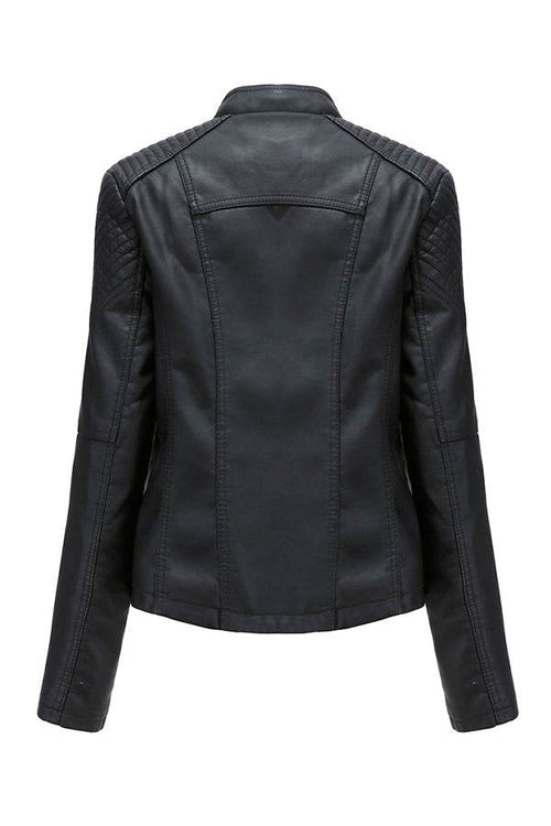 Back view of slim fit leather motorcycle jacket in black with quilted shoulder details