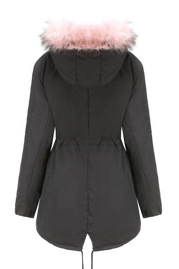 Black Fur Collar Fleece Coat with pink hood trim, mid-length, adjustable fit, warm polyester fleece interior