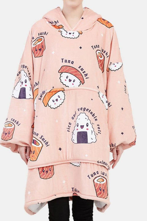 Snuggly oversized hooded fleece sweater with cute sushi print, extra warm and soft, featuring a hood and large front pocket.