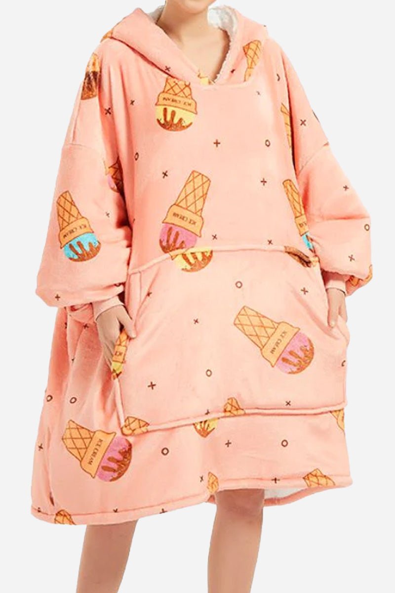 Snuggly oversized hooded fleece sweater with ice cream print, soft and warm fleece material, large front pocket, and cozy blanket fit.