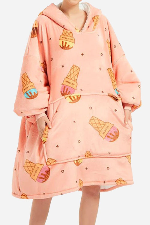 Snuggly oversized hooded fleece sweater with ice cream print, soft and warm fleece material, large front pocket, and cozy blanket fit.