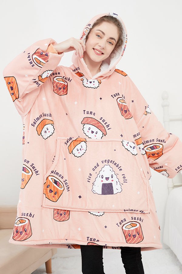 Snuggly oversized hooded fleece sweater with cute sushi print, soft flannel sherpa material, and large front pocket