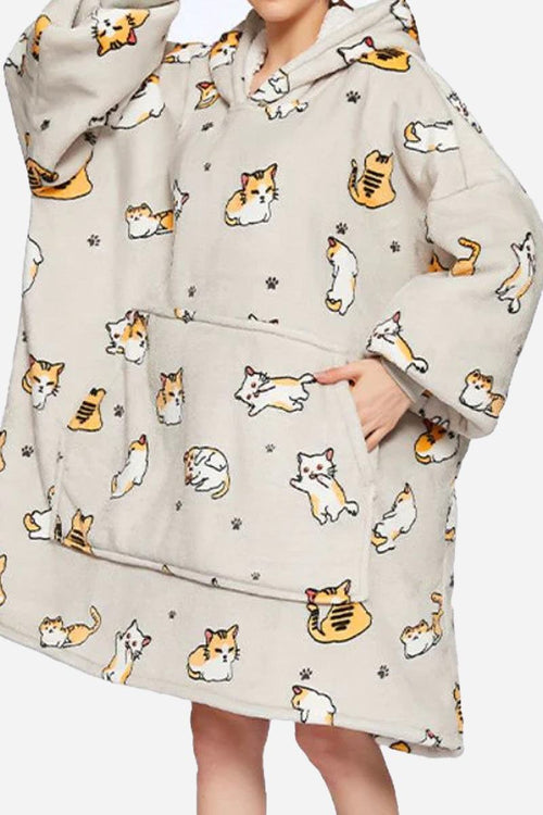 Snuggly oversized hooded fleece sweater with cute cat print, front pocket, and soft warm fabric.