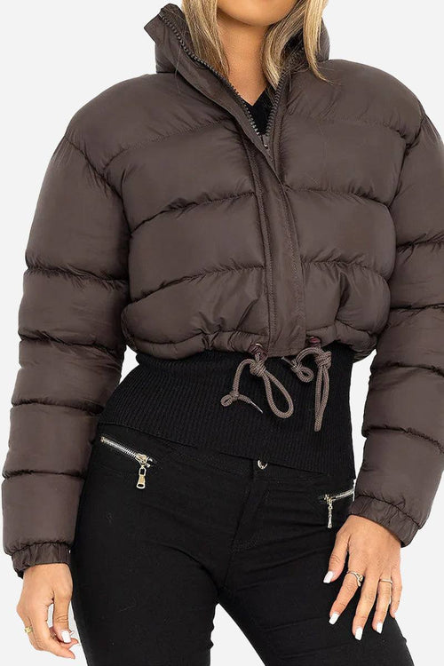 Women's brown cropped puffer jacket with high collar and drawstring hem, lightweight and stylish winter outerwear