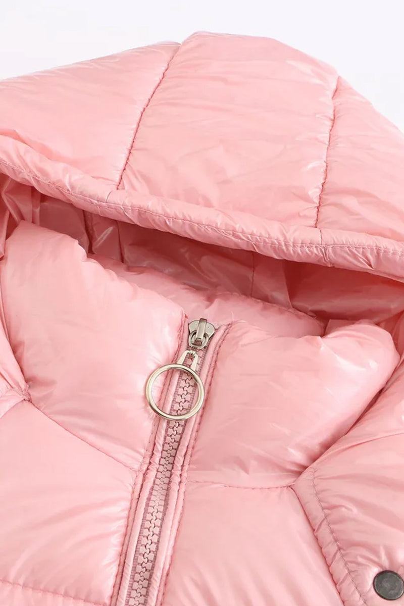 Pink reflective anti-splash puffer jacket with undetachable hood and front zipper