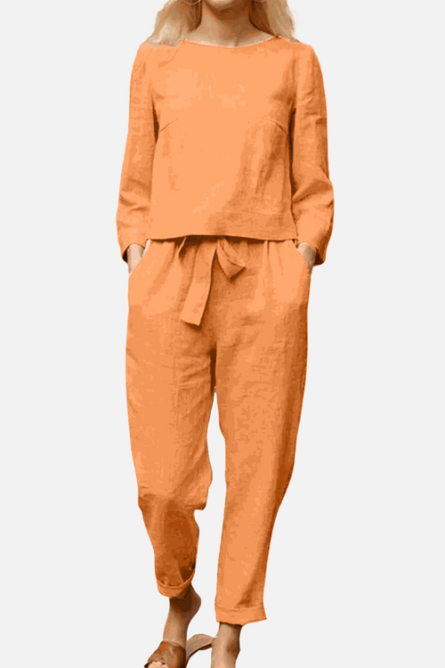 Retro Monochrome Linen breathable two-piece linen set with long sleeves and tie-waist pants in a soft orange color