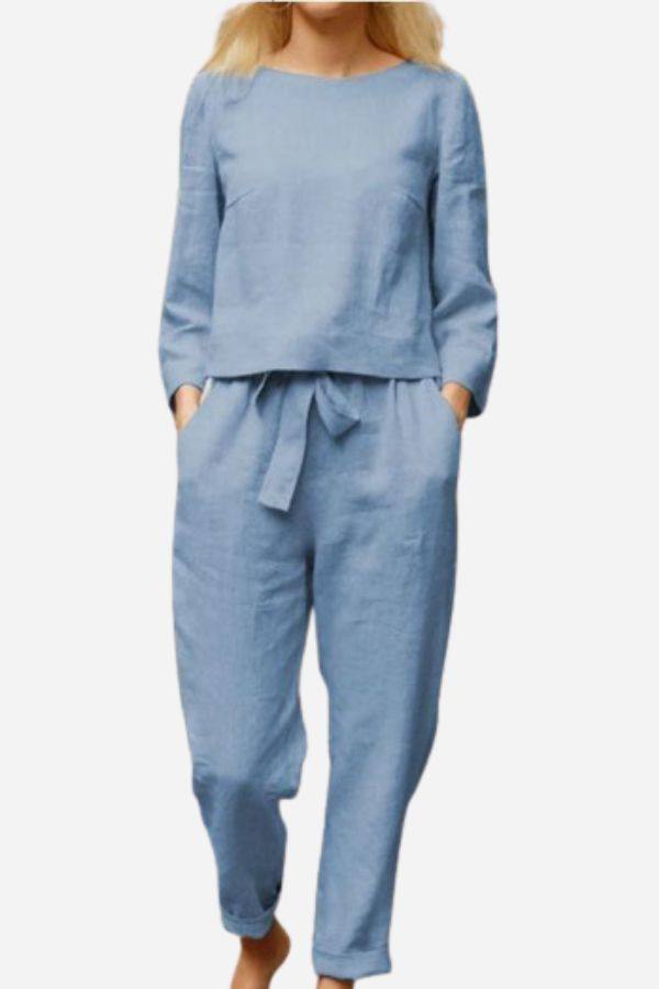 Retro monochrome linen two-piece set in breathable blue cotton blend with long sleeves and relaxed fit pants.