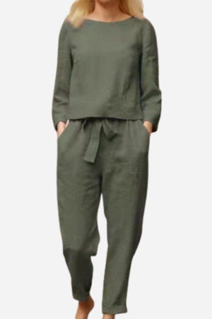 Retro Monochrome Linen two-piece set with breathable cotton linen fabric in olive green, featuring a long-sleeve top and drawstring pants.
