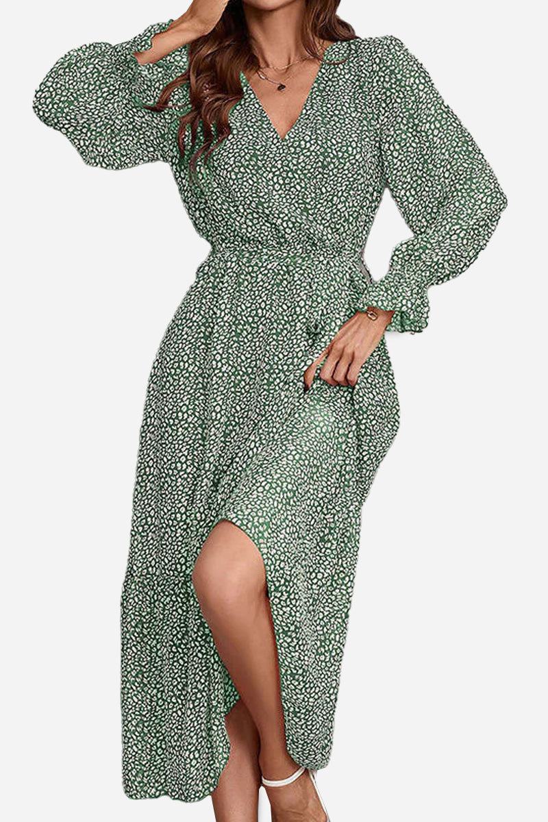 Green floral Bloom Wrap Midi Dress with airy trumpet sleeves and flattering A-line silhouette