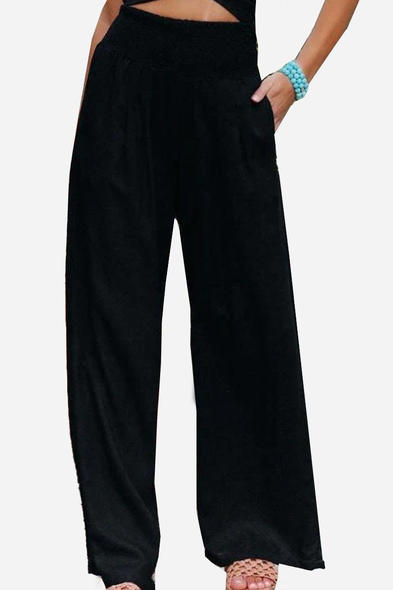 Black high-waist palazzo pants with wide legs and side pockets made from breathable cotton linen blend