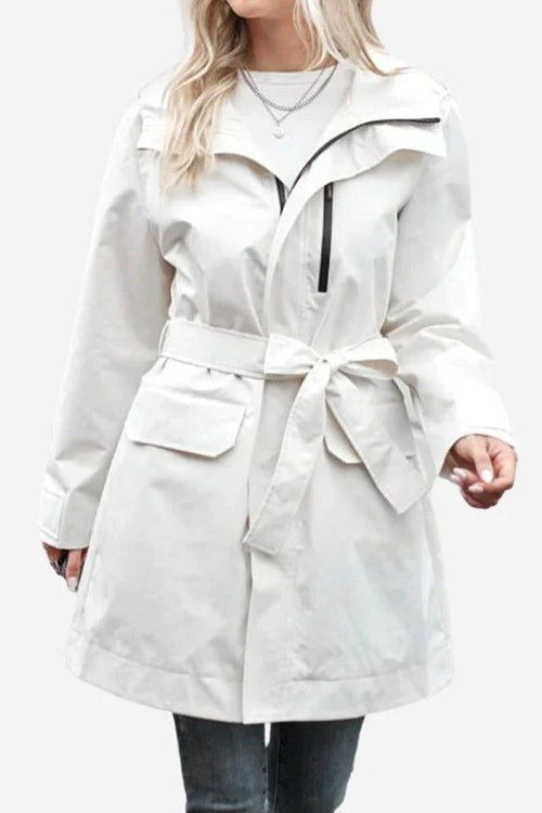 White water-resistant windbreaker trench jacket with trench-style belt and front pockets