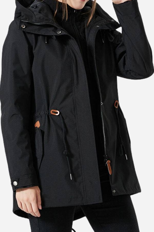 Black slim-fit Versatile Chic Two-Piece Windbreaker Set with adjustable hood and waist rope, breathable waterproof fabric for all-weather wear