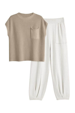 Comfy Couture Knit Sweater two-piece set with beige knit pullover and white high-waisted pants for cozy style