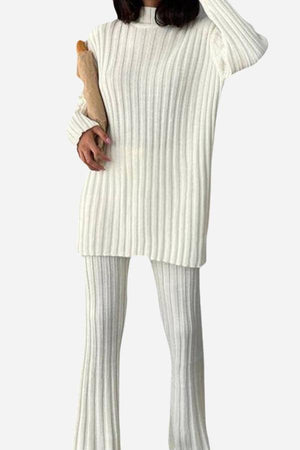 Timeless Striped Two-Piece knitwear set in white ribbed knit, featuring long sweater and matching pants.