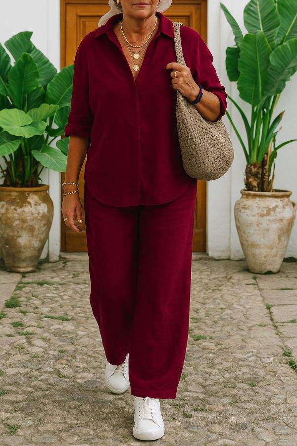 Woman wearing maroon relaxed shirt and trousers two-piece set with white sneakers and beige woven bag outdoors