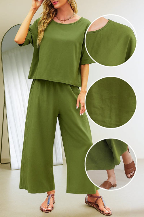 Olive green loose fit co-ord set with relaxed short sleeve top and wide-leg pants, casual and comfortable daily wear.