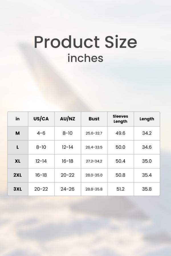 Sun-Kissed Elegance lightweight palazzos size chart in inches for US, AU, bust, sleeves, and length