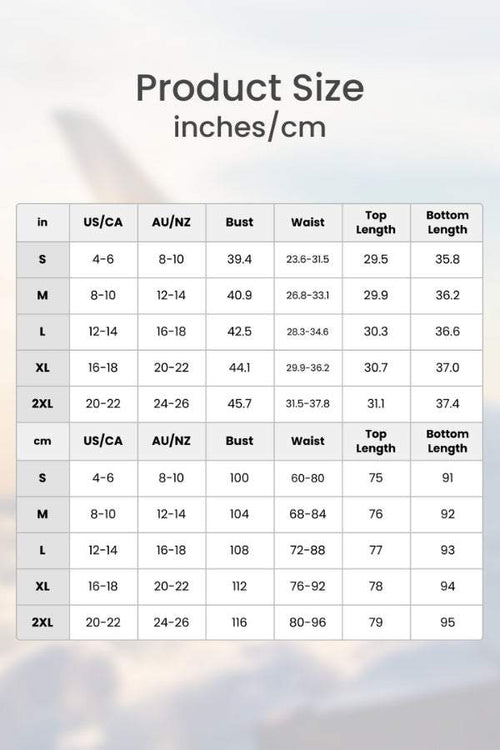 Chic Comfort Kimono two-piece set size chart with measurements for bust, waist, top length, and bottom length in inches and centimeters