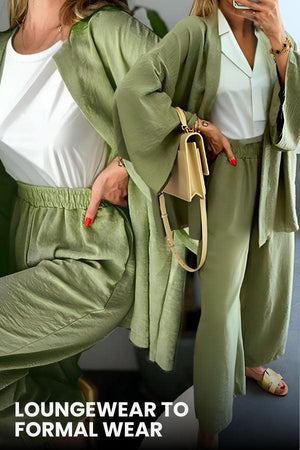 women wearing chic comfort kimono two-piece set in olive green styled for loungewear and formal wear