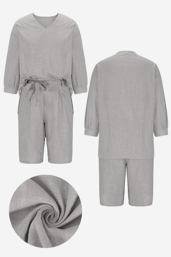 Gray two-piece set with loose long-sleeve shirt and high-waisted knee-length shorts in soft breathable cotton fabric