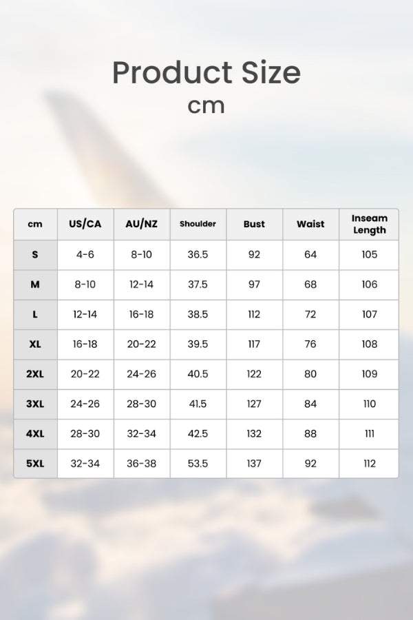 Size chart for Short-sleeved Pullover & Wide Trouser Matching Set with measurements in cm for US/CA and AU/NZ sizes including shoulder, bust, waist, and inseam length.
