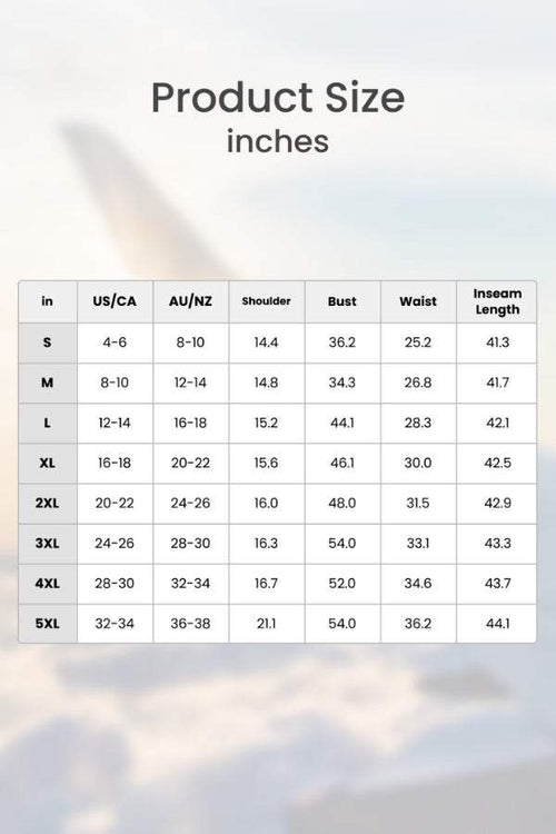 Size chart for Short-sleeved Pullover & Wide Trouser Matching Set including US/CA, AU/NZ sizes, shoulder, bust, waist, and inseam length measurements in inches