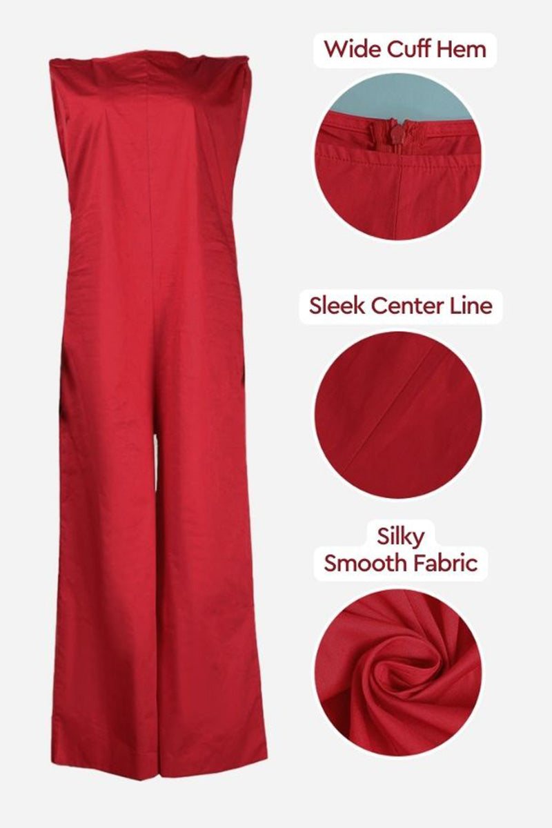 Red sleeveless wide-leg jumpsuit with silky smooth fabric, wide cuff hem, and sleek center line detail.