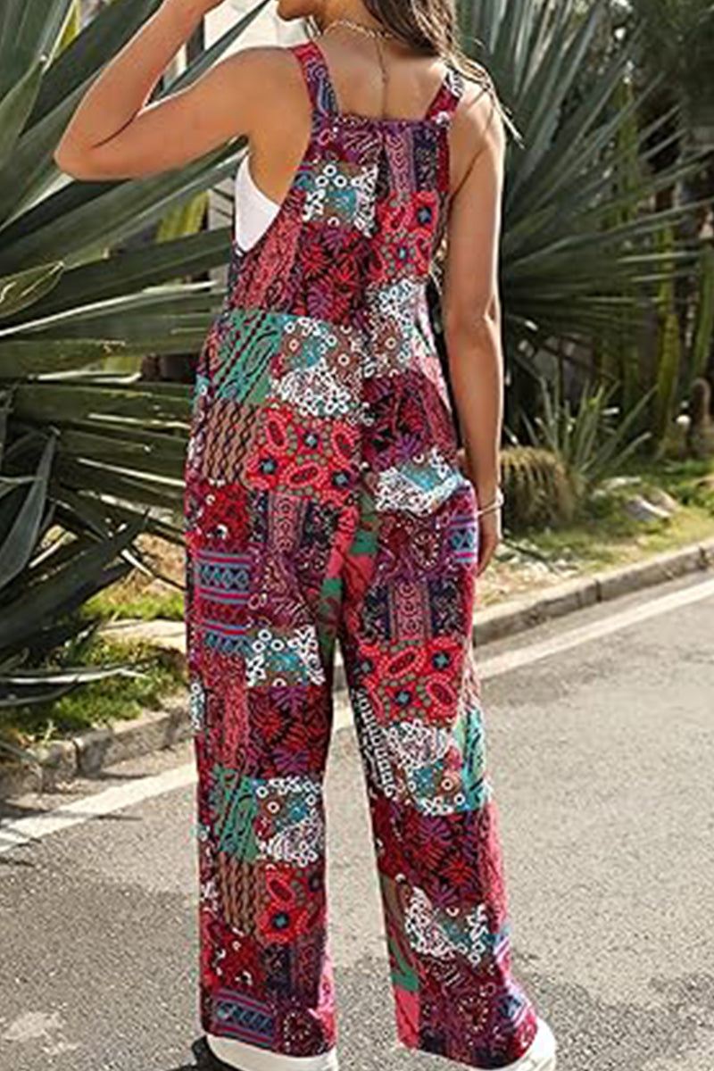 Woman wearing colorful patchwork Bohemian Fantasy Overalls walking outdoors