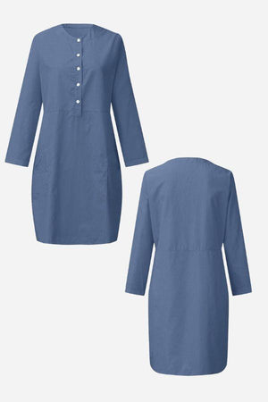 Blue cotton dress with half-button front, long sleeves, and knee-length design shown from front and back.