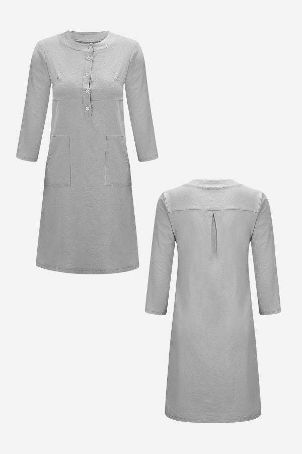 Gray cotton dress with 3/4 sleeves, front buttons, and pockets showing front and back view