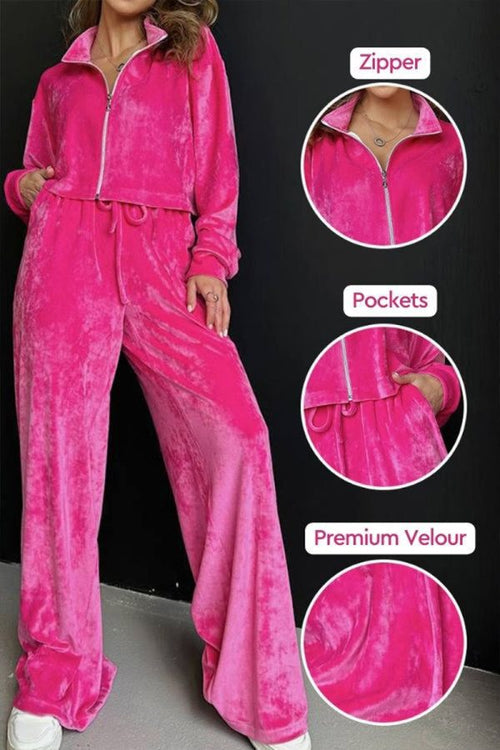 Pink velour zip-up leisure two-piece co-ord with wide leg pants and pockets