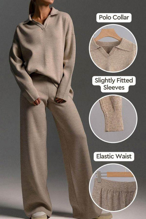 Plush & Preppy camel two-piece set with polo collar, fitted sleeves, and elastic waist, soft travel lounge wear.