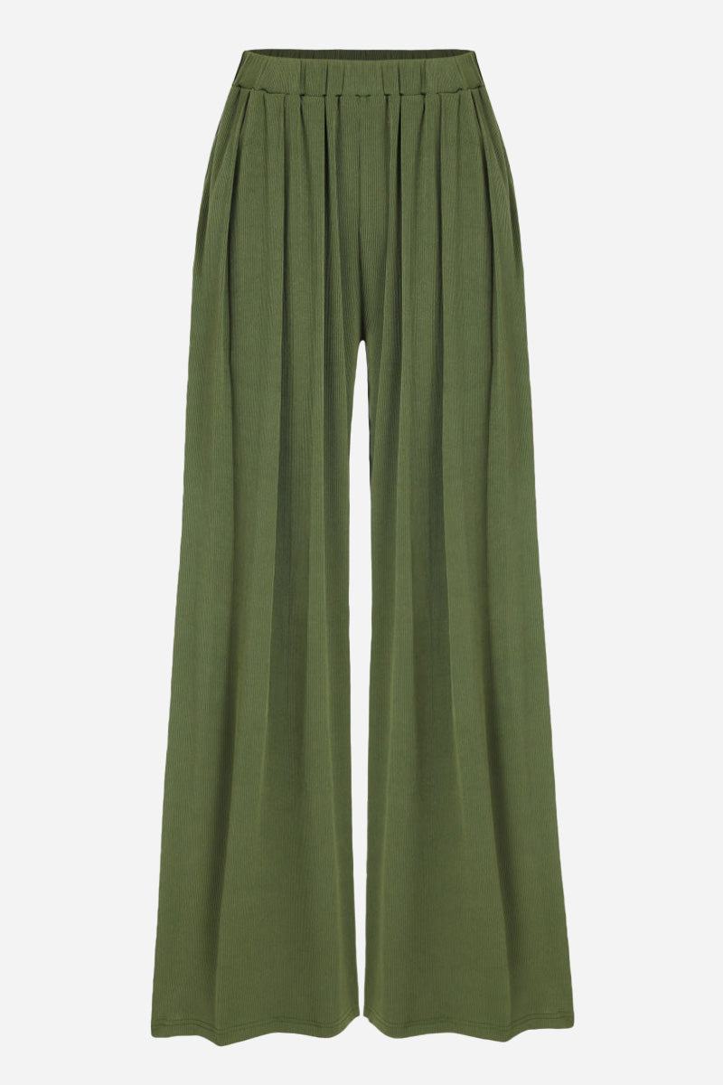 Olive green stretchy wide-leg pants with elastic waistband and relaxed fit for all-day comfort
