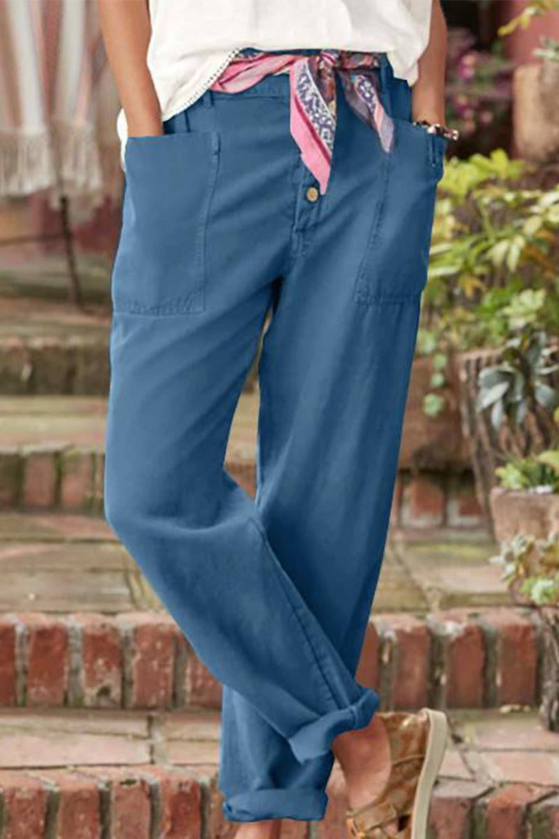 Blue casual button-down utility-chic trousers with pockets and rolled cuffs