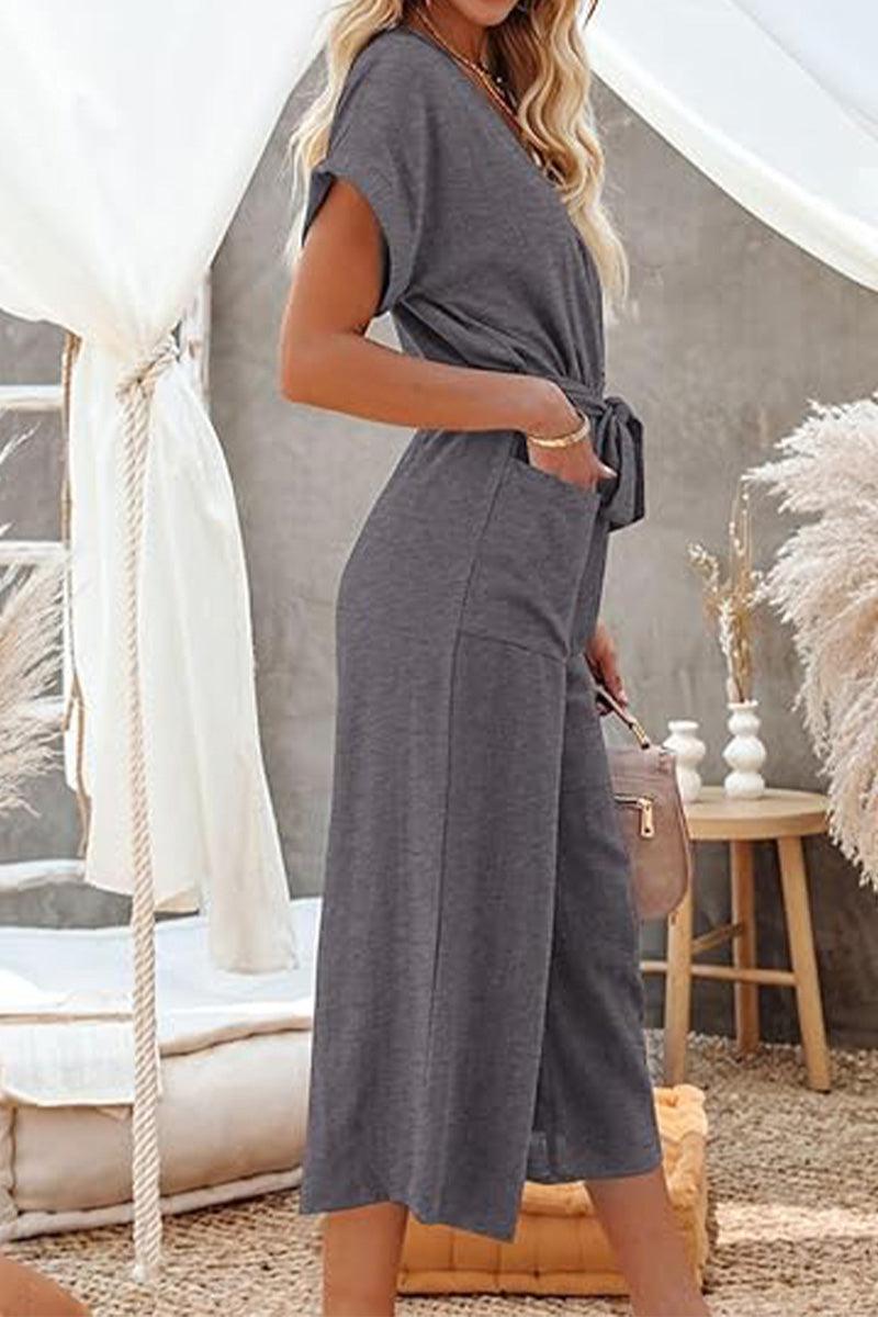 Gray V-neck lace-up wide-leg jumpsuit with tie waist and pockets for women