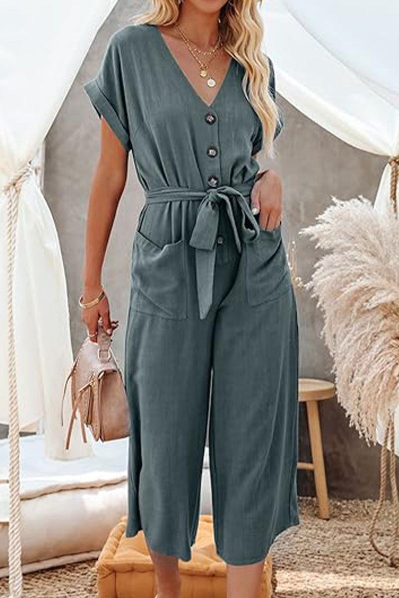 Women’s V-neck lace-up pocket jumpsuit with tie waist in lightweight fabric