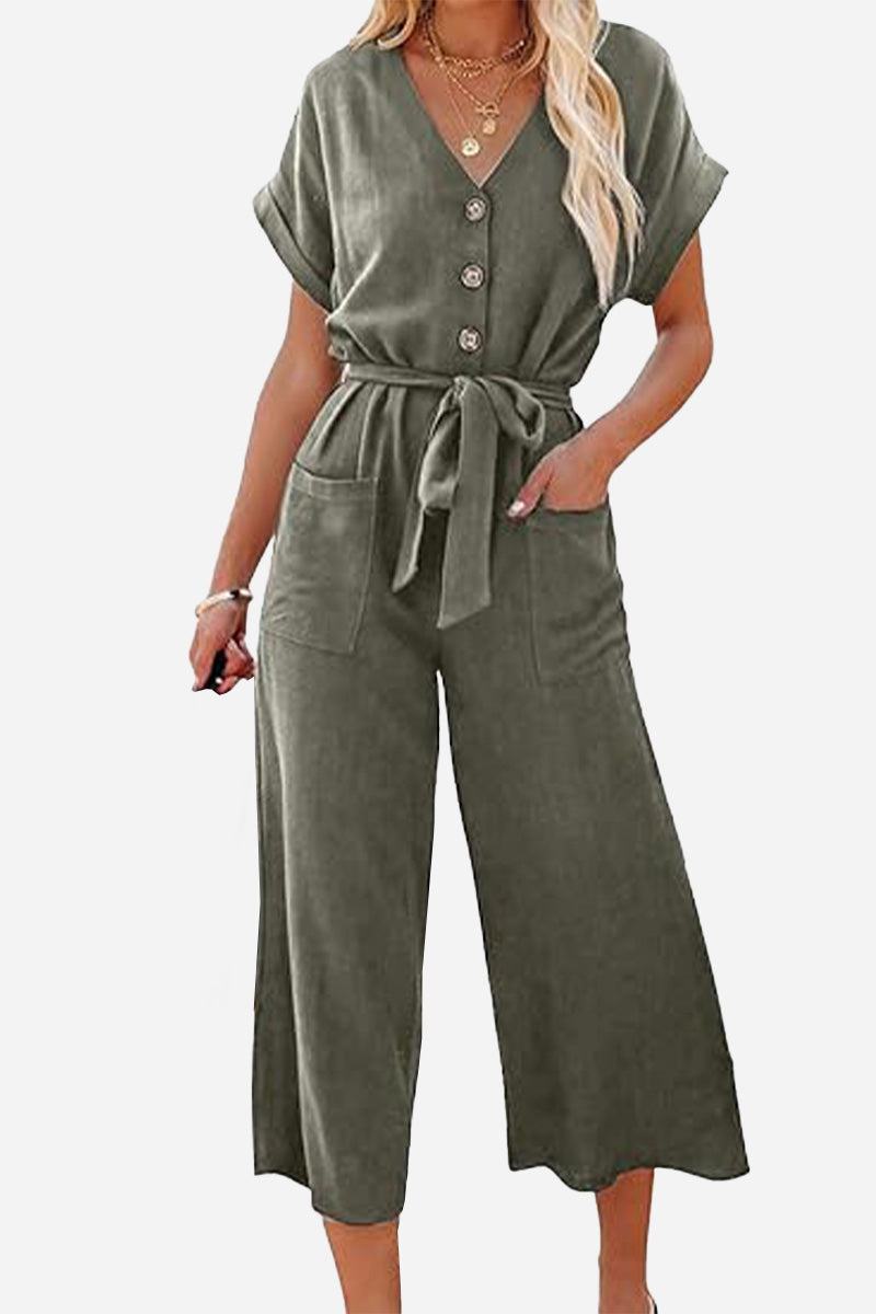 Women's V-neck lace-up pocket jumpsuit with tie waist and wide legs in olive green